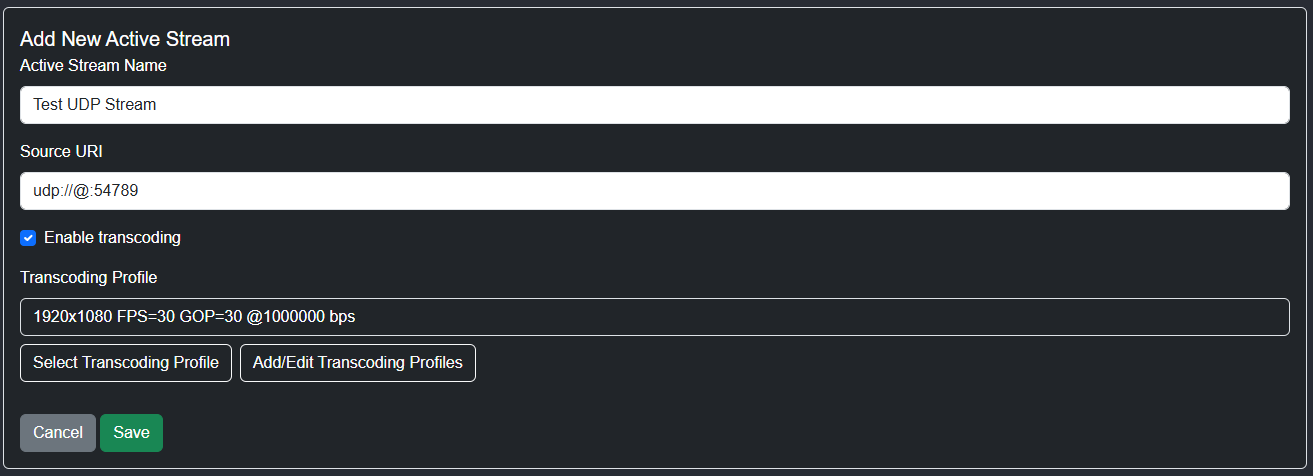 Add New Active Stream Screenshot
